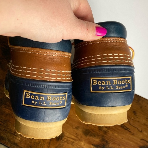 VINTAGE L. L. Bean Duck Boots Tan Leather Navy Blue Women’s Size 7 - Picture 1 of 11